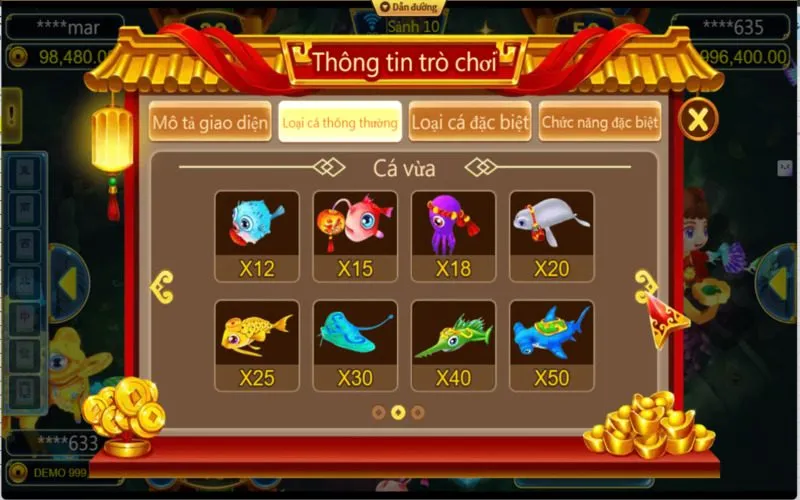 Các hệ số thưởng của những cá thường trong game