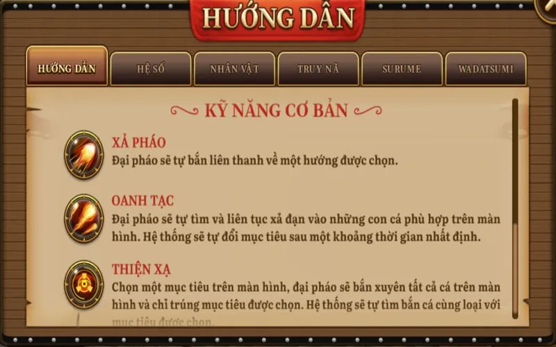 Các kỹ năng đang được hỗ trợ trong game